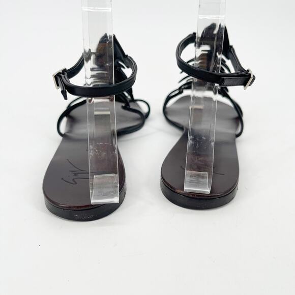 Giuseppe Zanotti Black Fishbone Embellished Flat Ankle Strap Sandals IT 39.5 - Picture 10 of 14